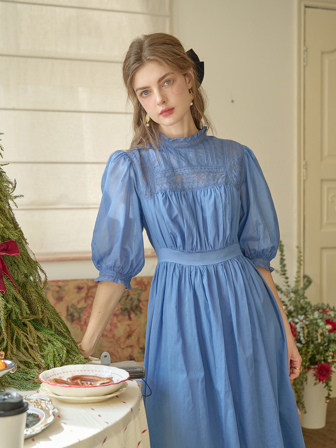 Averie Lace Panel Blue Cotton Dress