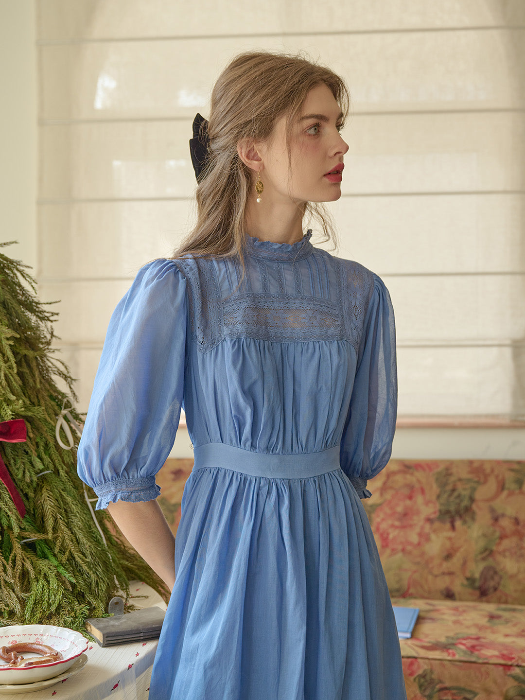 Averie Lace Panel Blue Cotton Dress