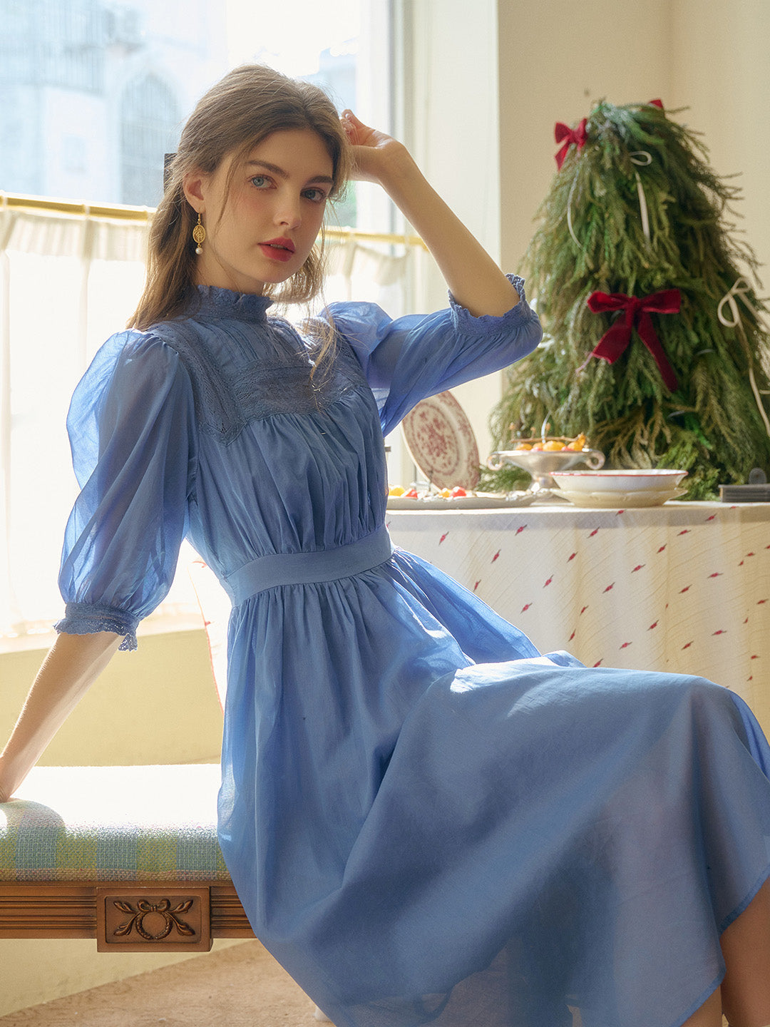 Averie Lace Panel Blue Cotton Dress