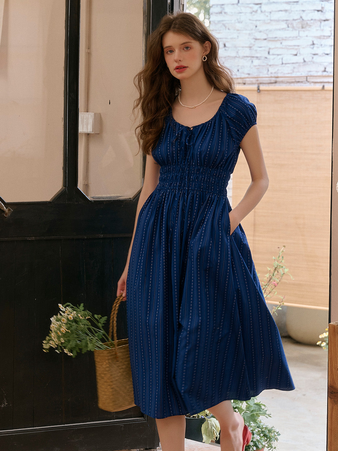 Sapphire Round Neck Waist Cotton Dress