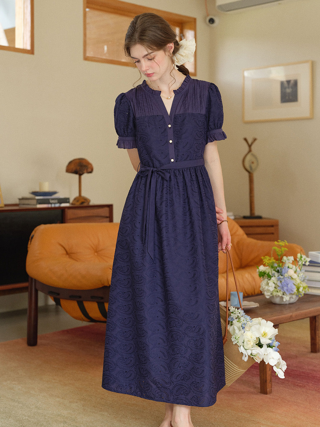 Aitana Rose Embroidered V-neck Puff Sleeve Lace Cotton Dress