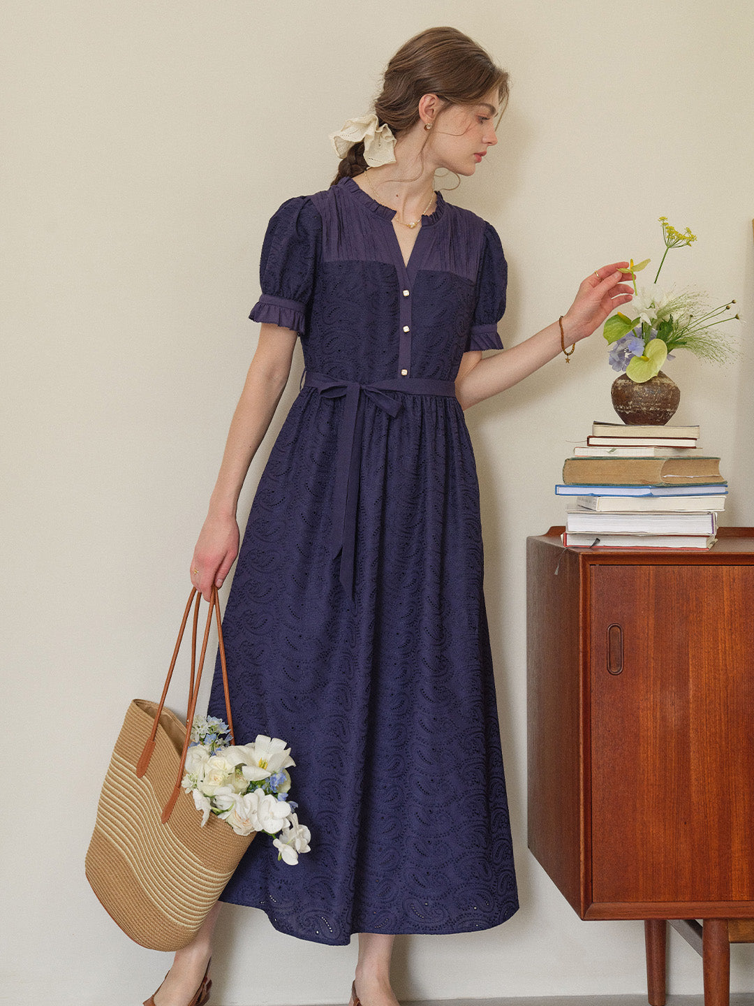 Aitana Rose Embroidered V-neck Puff Sleeve Lace Cotton Dress