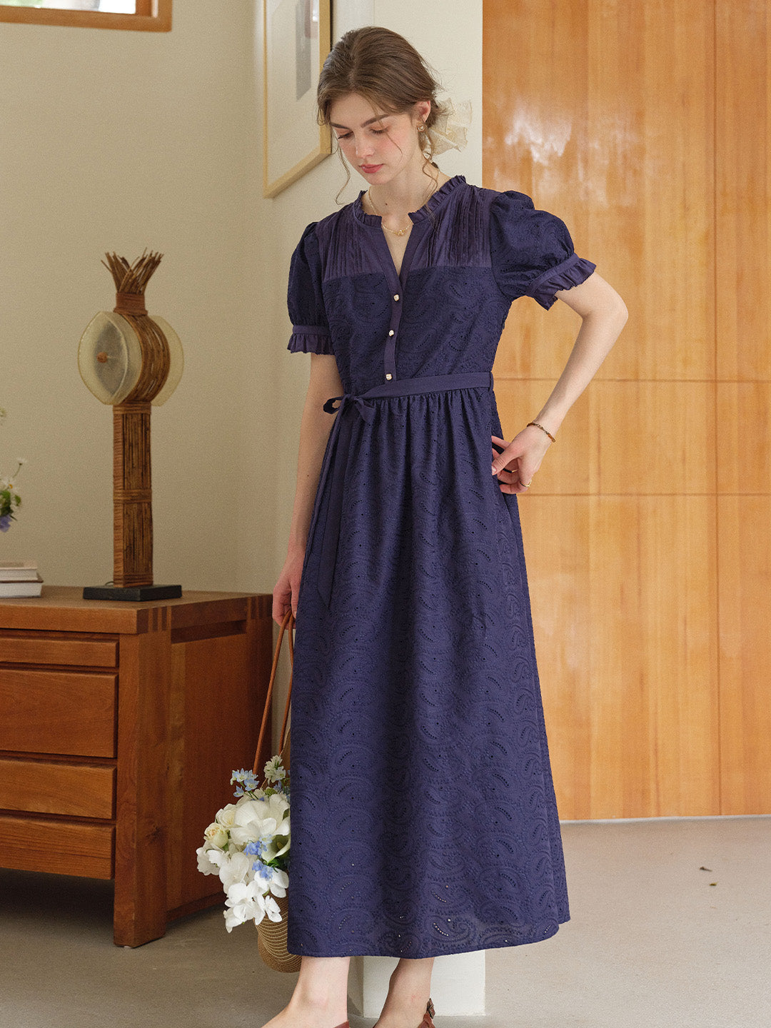 Aitana Rose Embroidered V-neck Puff Sleeve Lace Cotton Dress