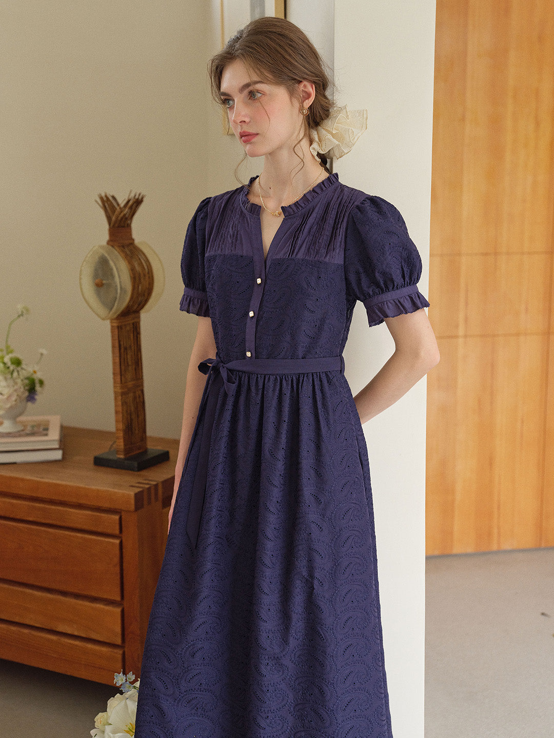 Aitana Rose Embroidered V-neck Puff Sleeve Lace Cotton Dress