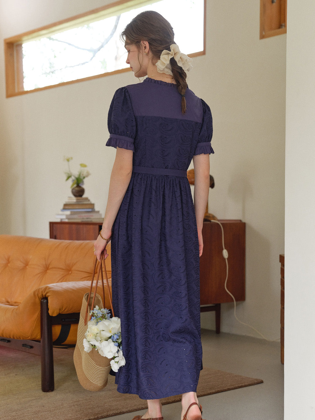 Aitana Rose Embroidered V-neck Puff Sleeve Lace Cotton Dress