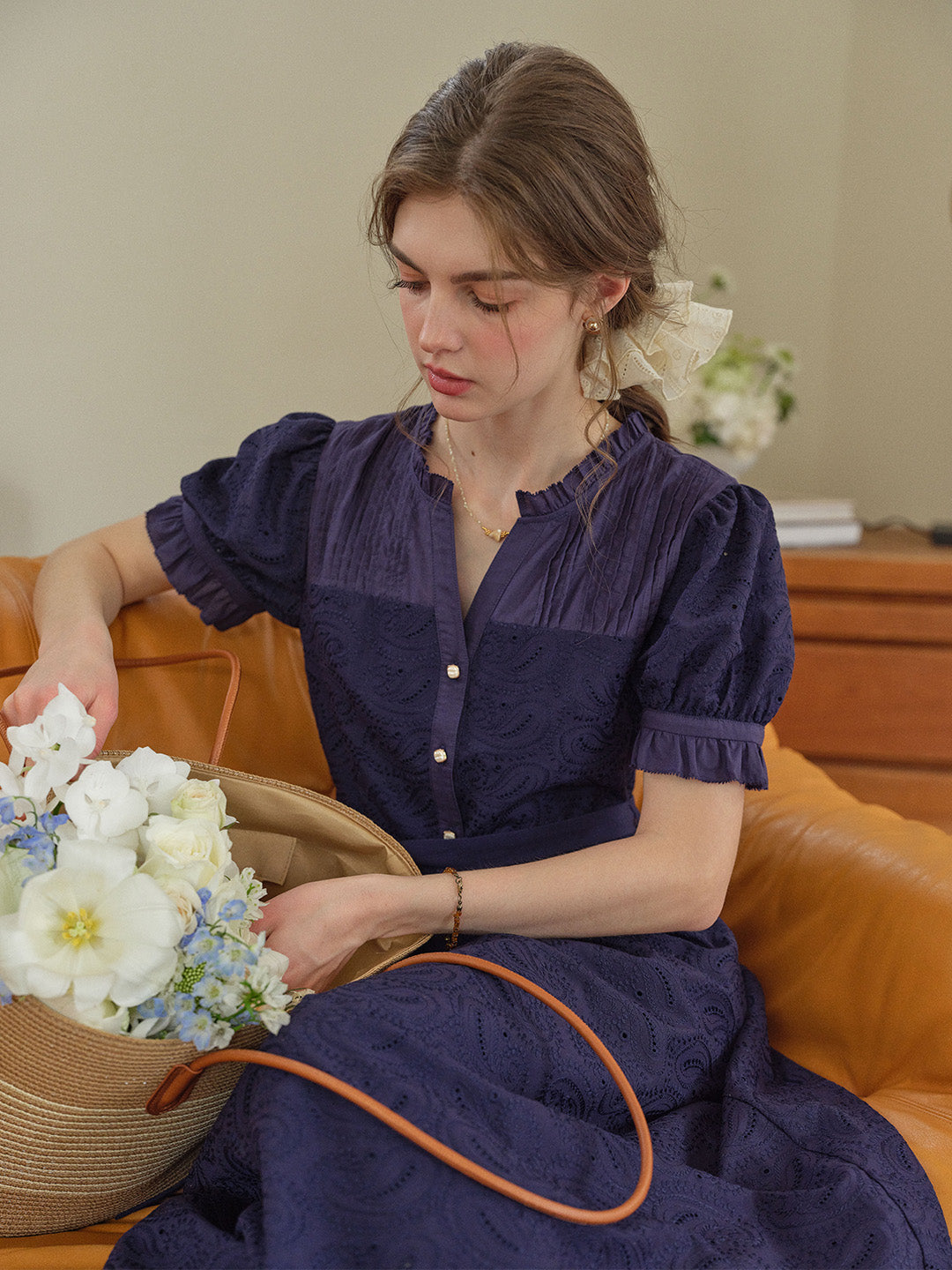 Aitana Rose Embroidered V-neck Puff Sleeve Lace Cotton Dress
