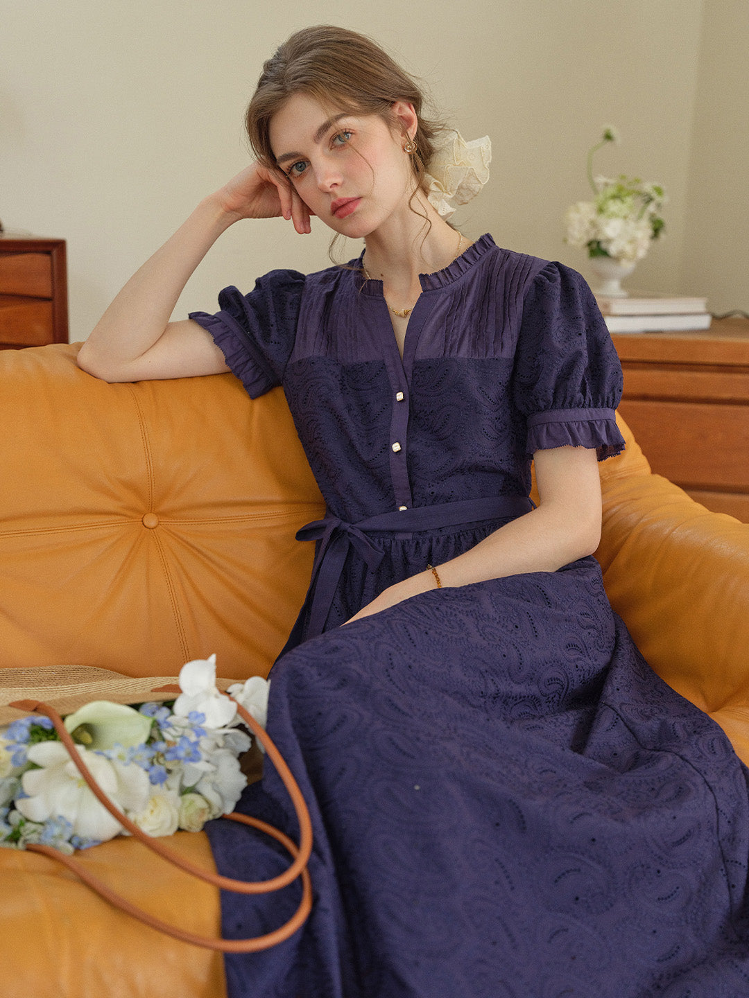 Aitana Rose Embroidered V-neck Puff Sleeve Lace Cotton Dress