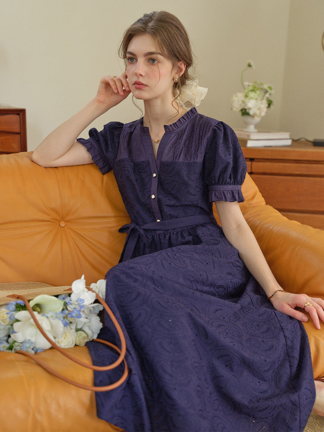Aitana Rose Embroidered V-neck Puff Sleeve Lace Cotton Dress