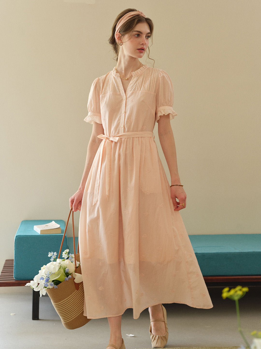 Aitana Rose Embroidered V-neck Puff Sleeve Lace Cotton Dress