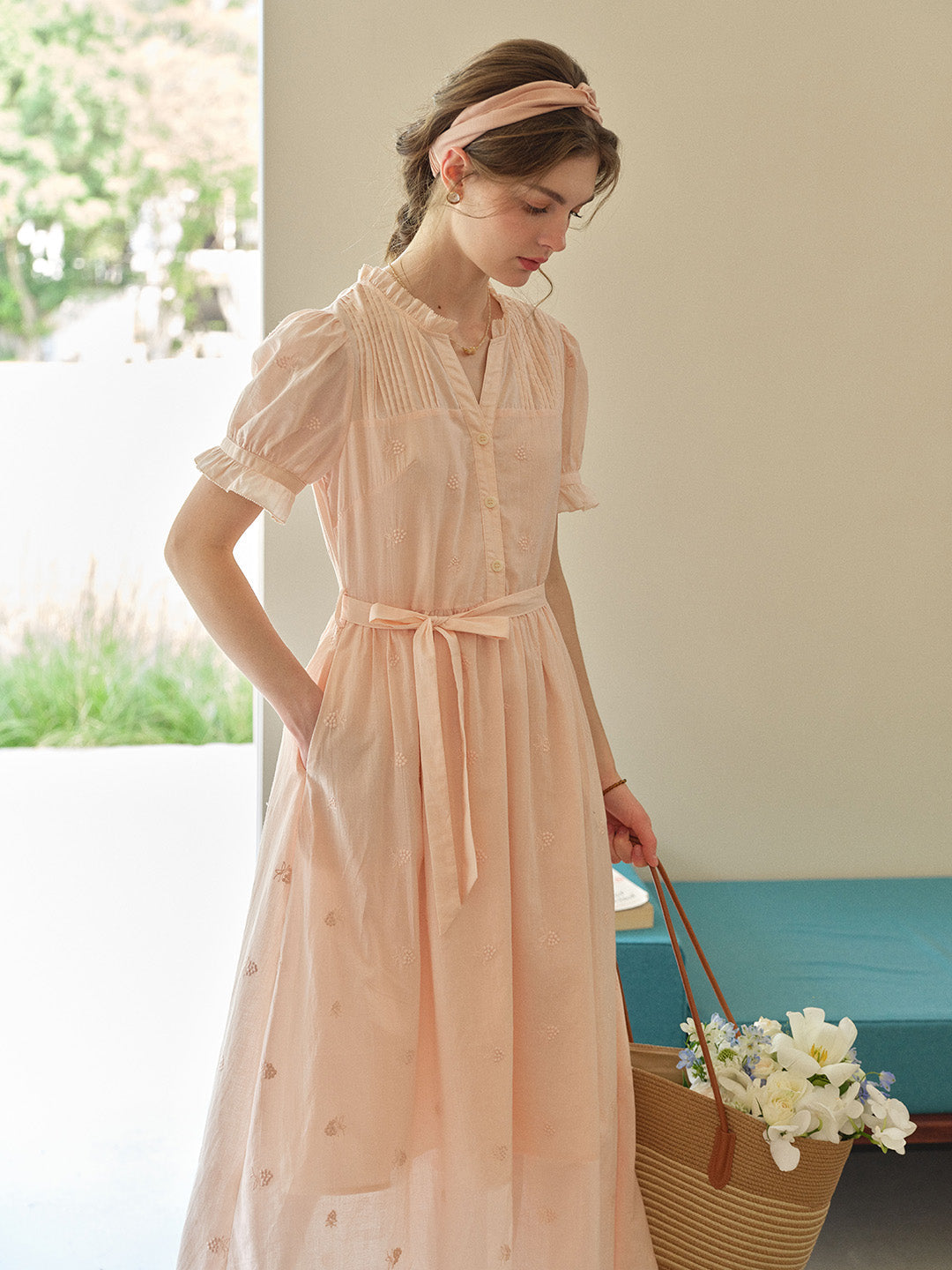 Aitana Rose Embroidered V-neck Puff Sleeve Lace Cotton Dress