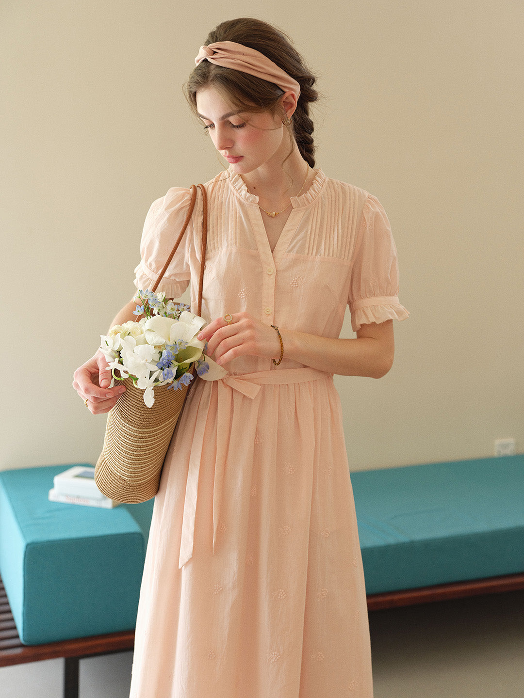 Aitana Rose Embroidered V-neck Puff Sleeve Lace Cotton Dress