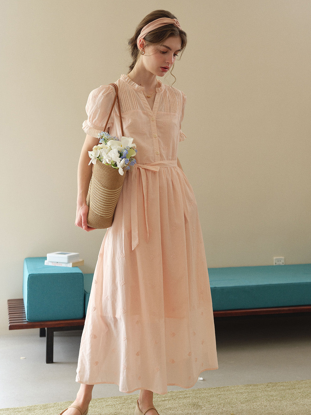 Aitana Rose Embroidered V-neck Puff Sleeve Lace Cotton Dress