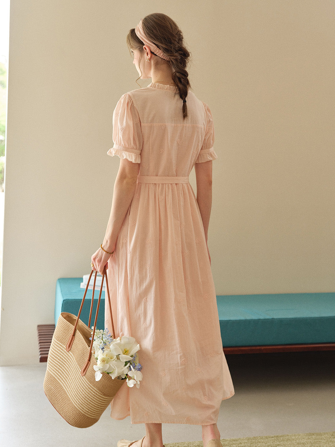 Aitana Rose Embroidered V-neck Puff Sleeve Lace Cotton Dress