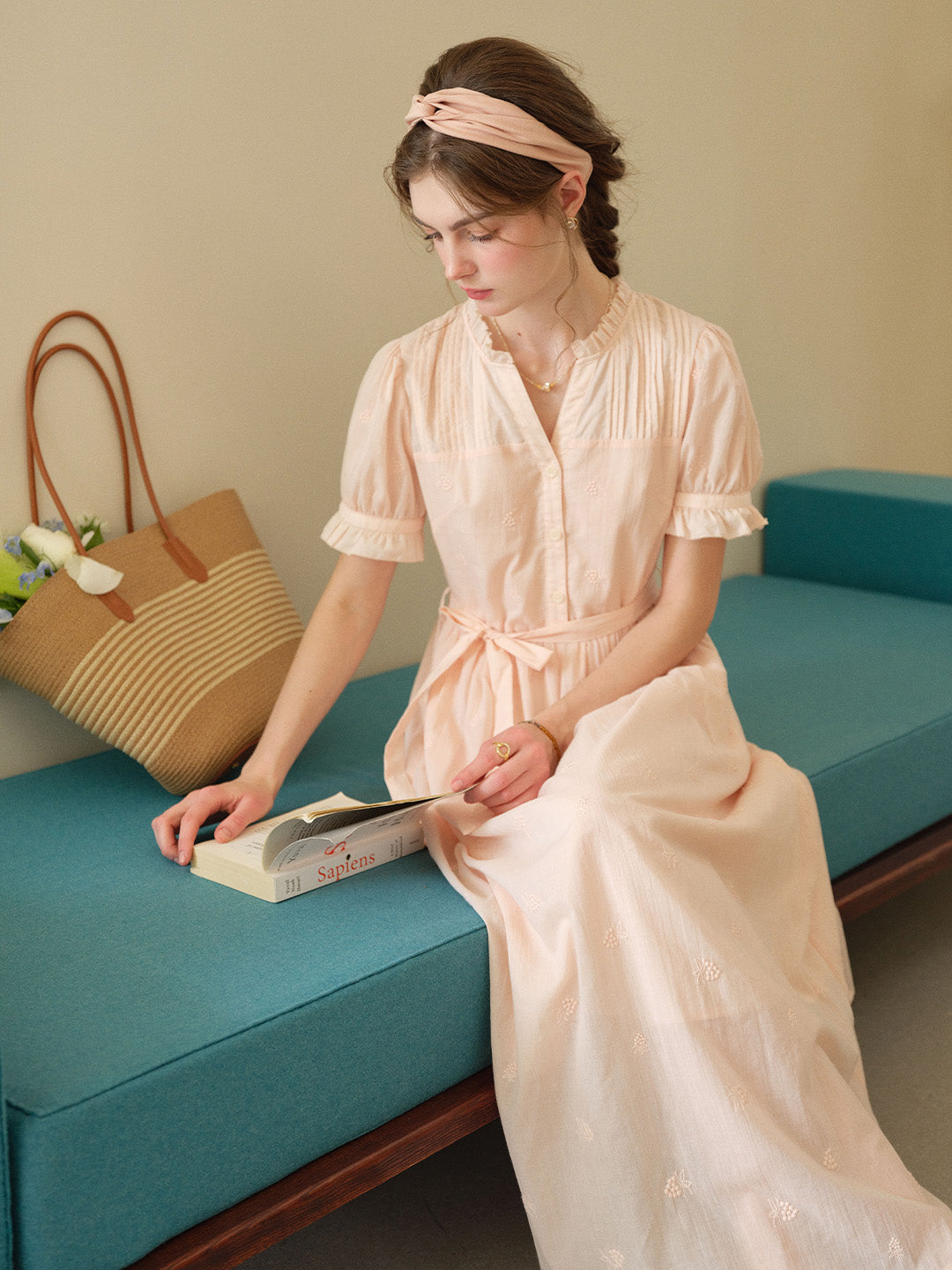 Aitana Rose Embroidered V-neck Puff Sleeve Lace Cotton Dress