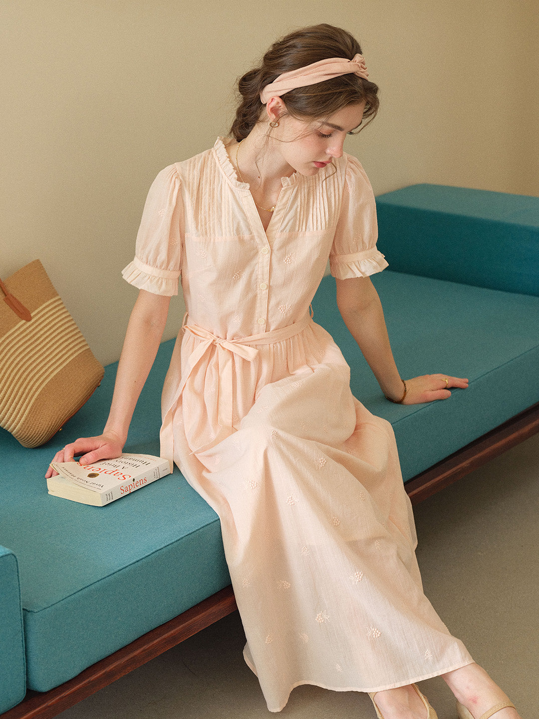 Aitana Rose Embroidered V-neck Puff Sleeve Lace Cotton Dress