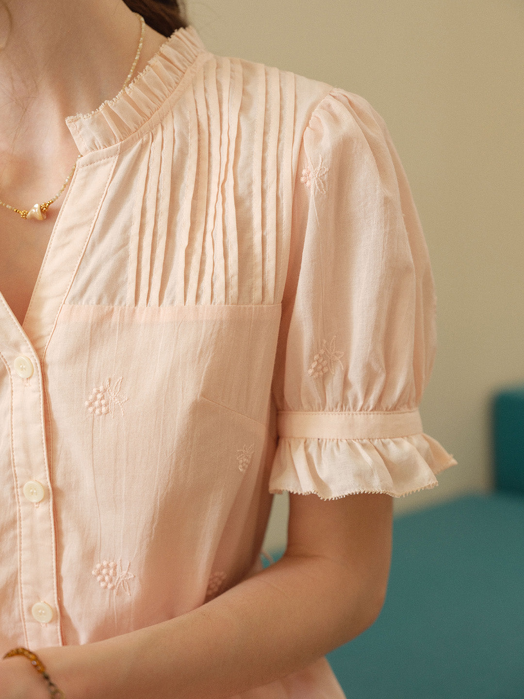 Aitana Rose Embroidered V-neck Puff Sleeve Lace Cotton Dress