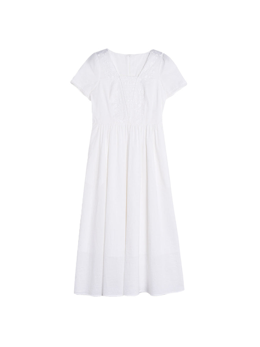 May Square Neck Embroidery 100% Cotton Dress