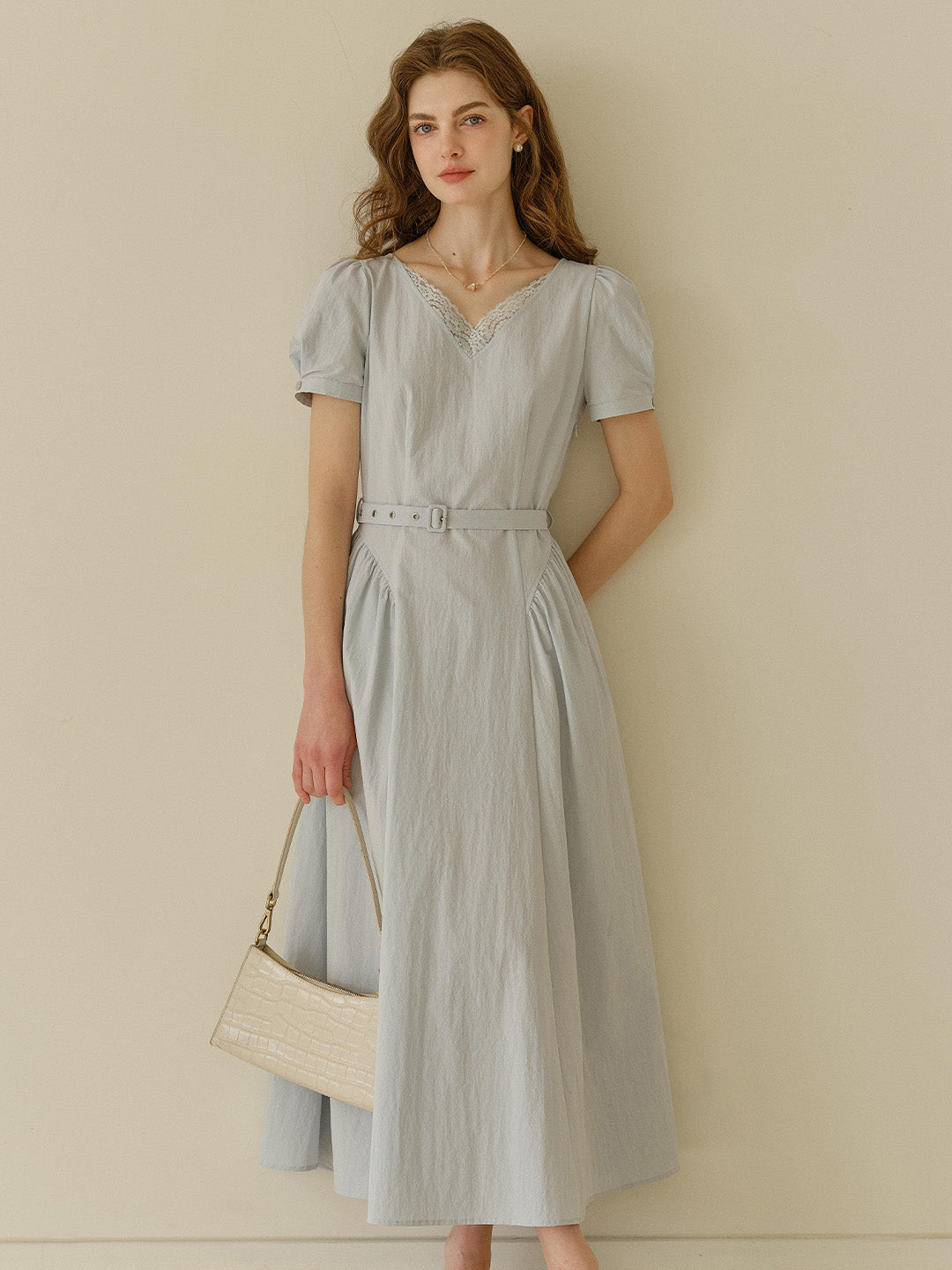 Juno V-Neck Lace Belted Waist Cotton Dress