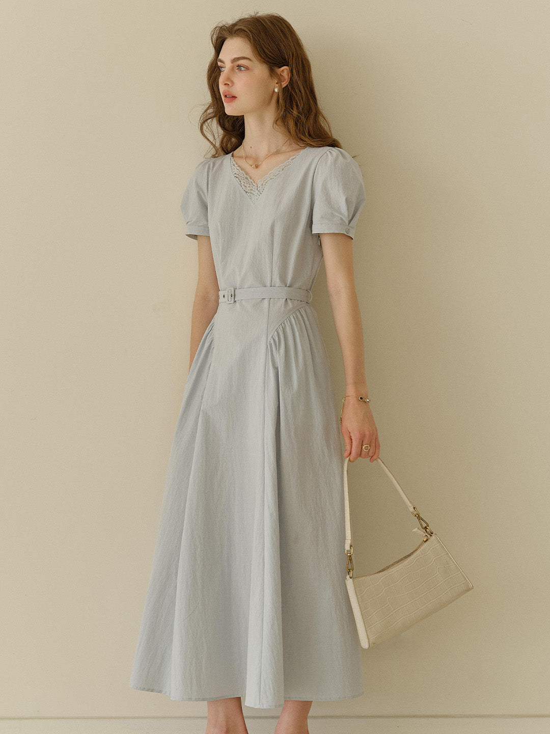 Juno V-Neck Lace Belted Waist Cotton Dress