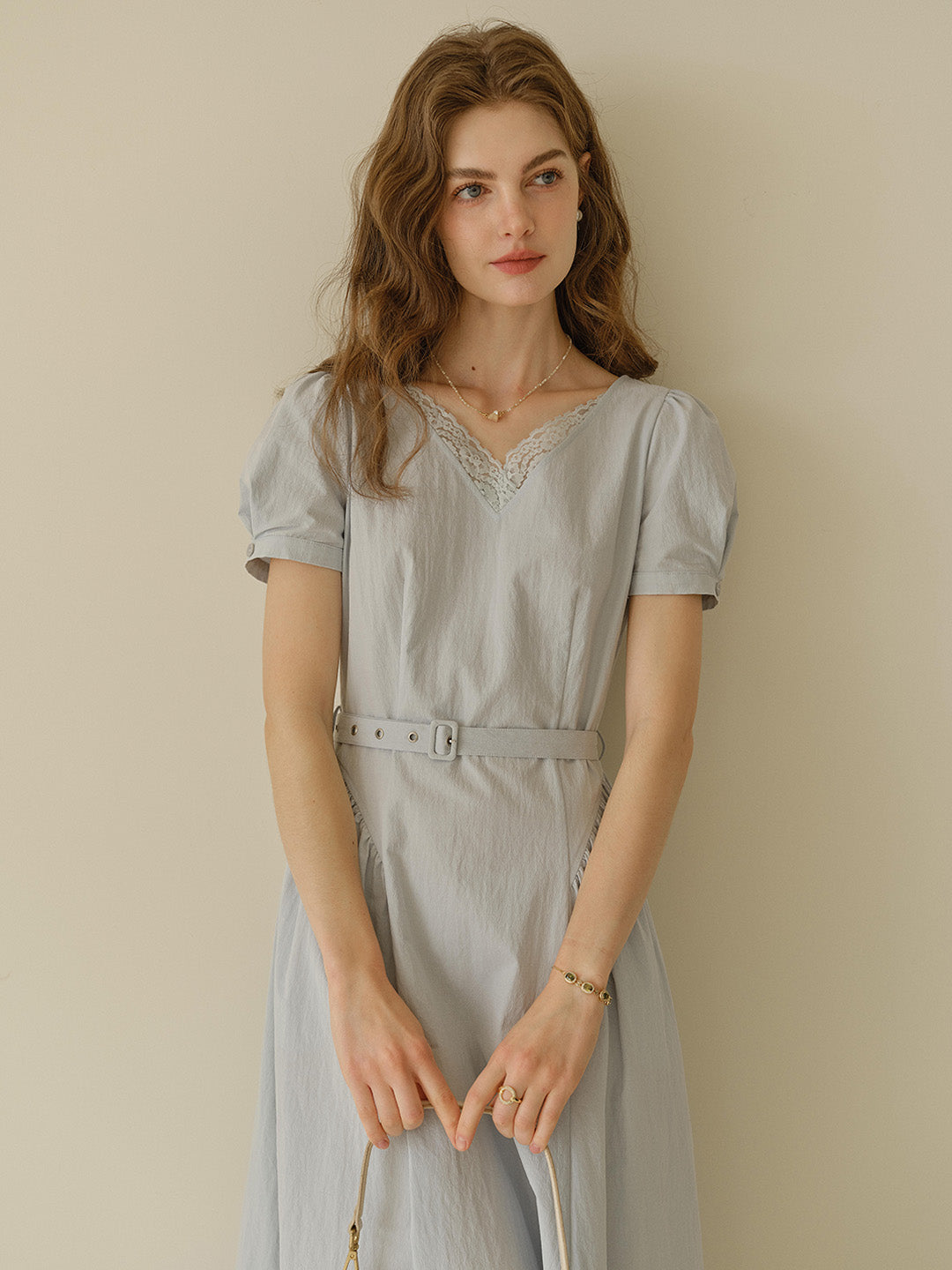 Juno V-Neck Lace Belted Waist Cotton Dress