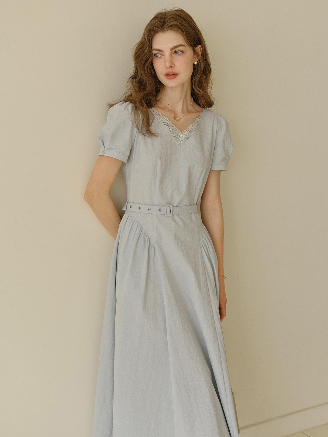 Juno V-Neck Lace Belted Waist Cotton Dress