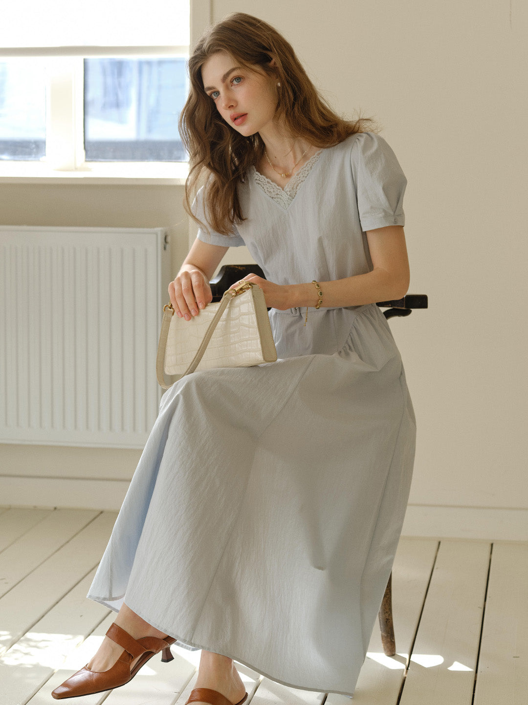 Juno V-Neck Lace Belted Waist Cotton Dress