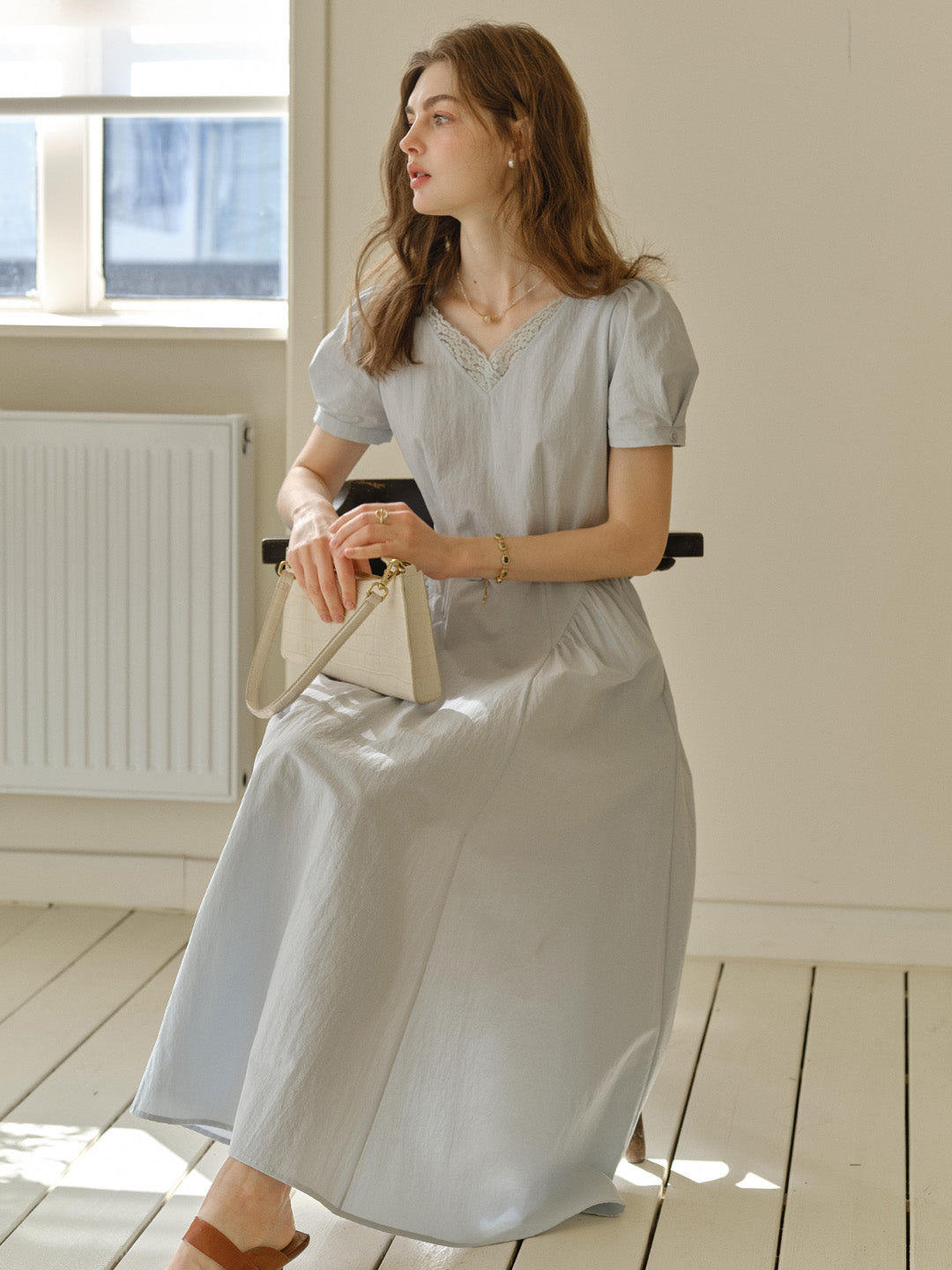 Juno V-Neck Lace Belted Waist Cotton Dress