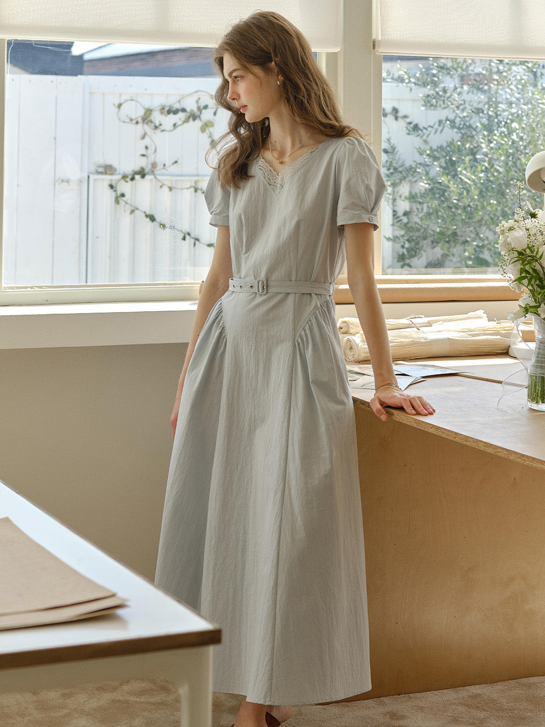 Juno V-Neck Lace Belted Waist Cotton Dress