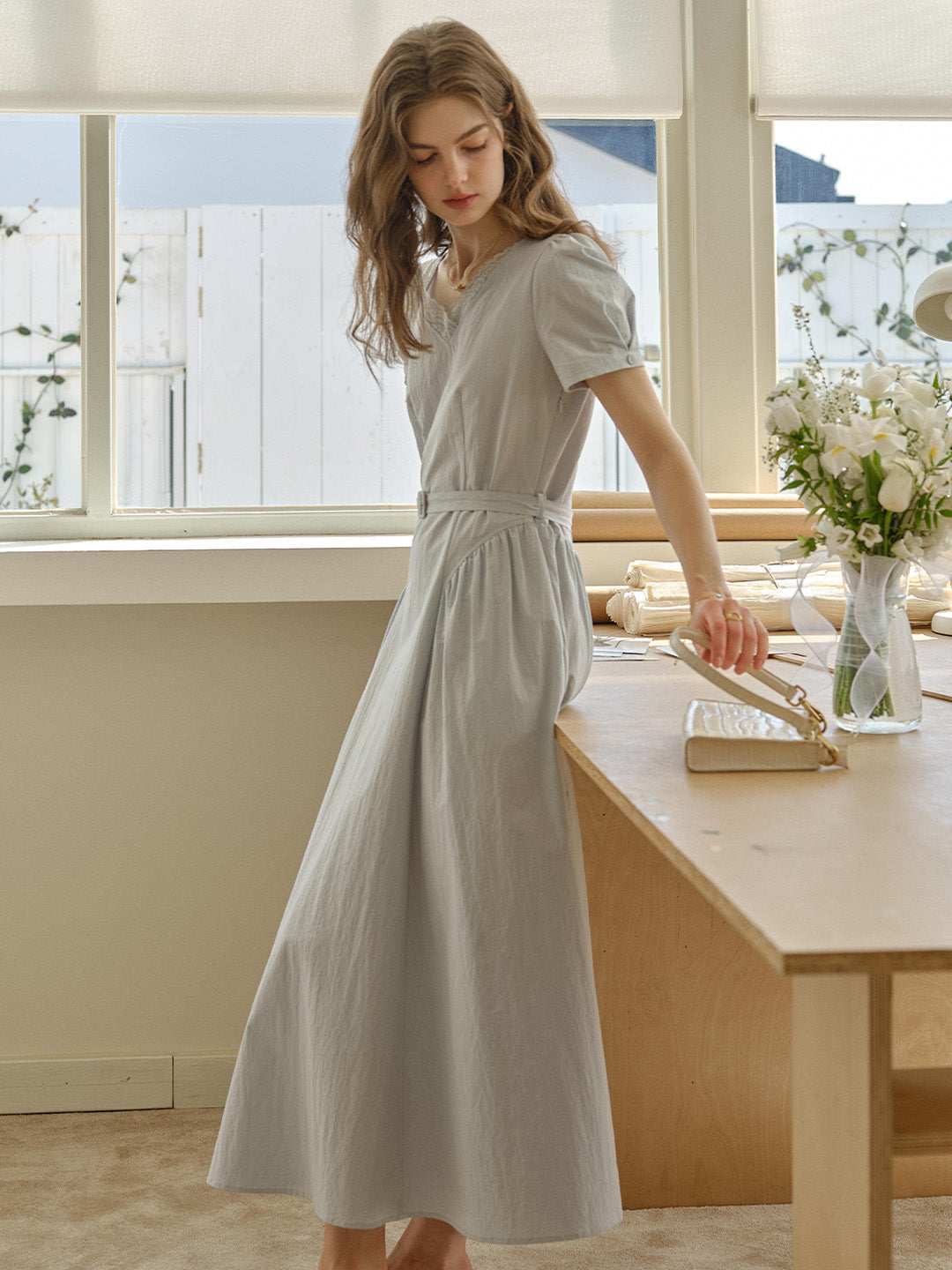 Juno V-Neck Lace Belted Waist Cotton Dress