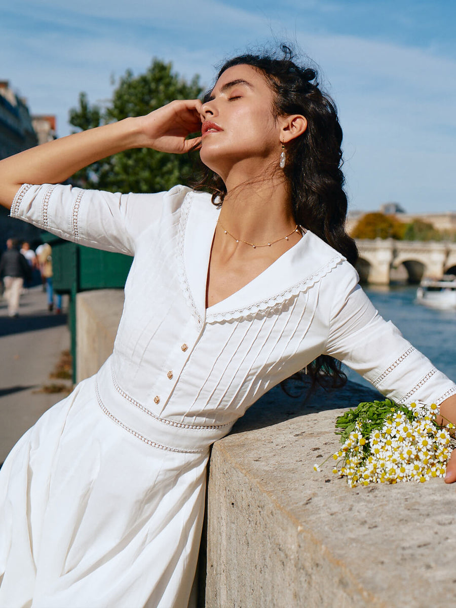 Fiona 100% Cotton White Midi Dress