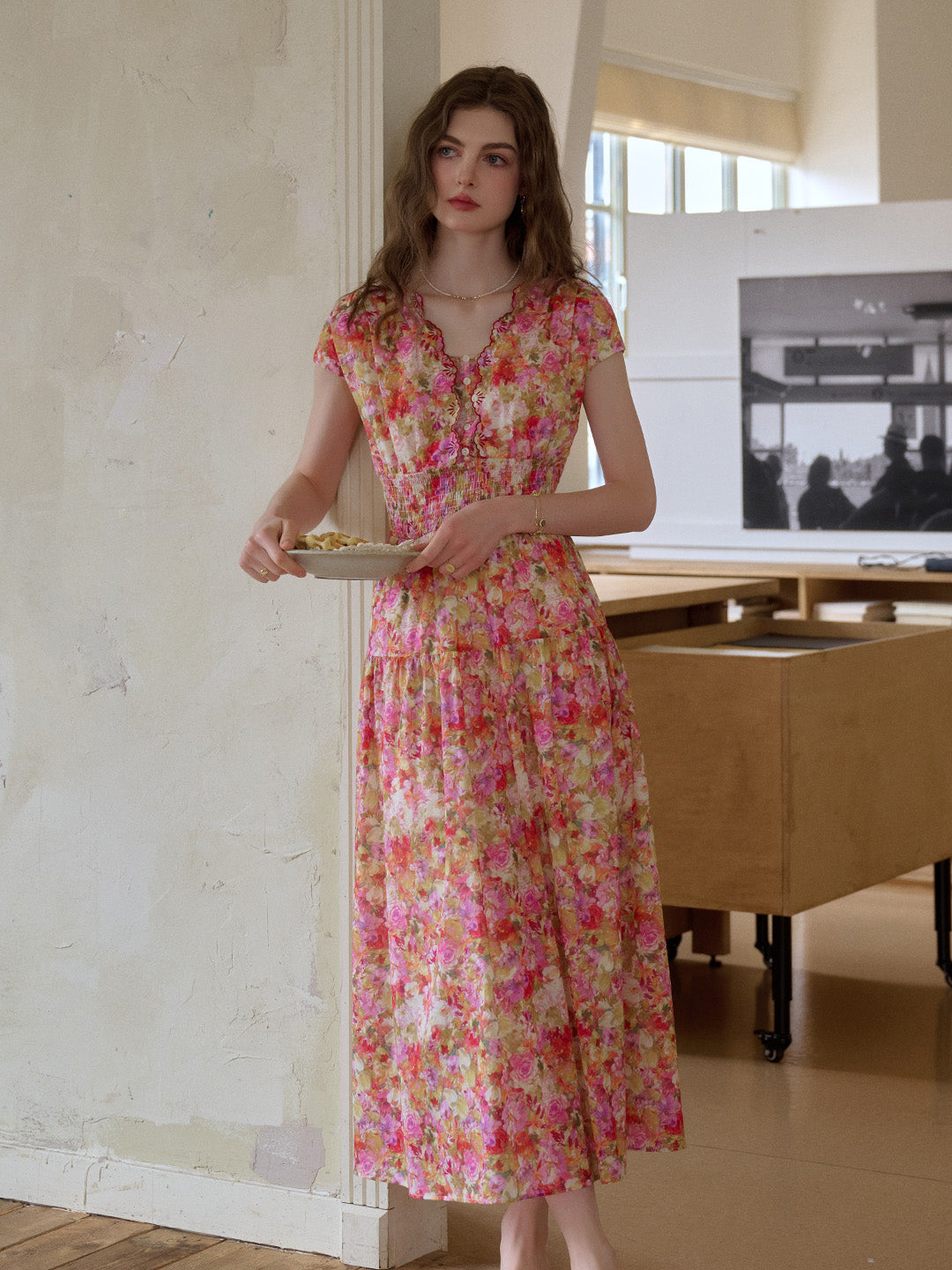 Adalyn Wavy Neck Floral 100% Cotton Dress