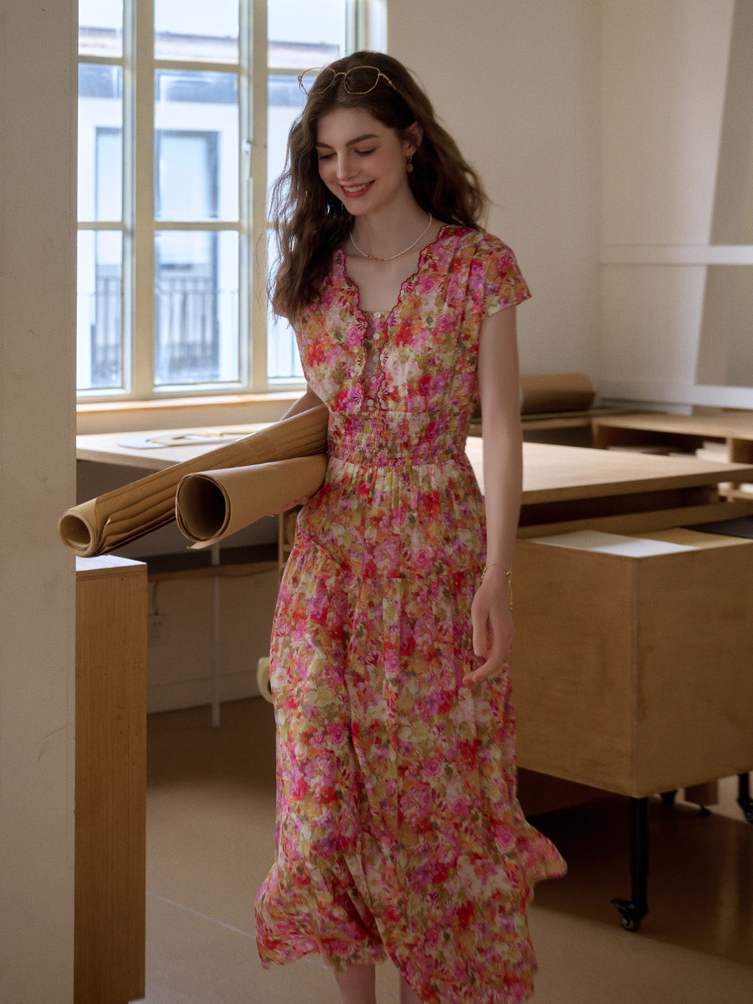 Adalyn Wavy Neck Floral 100% Cotton Dress