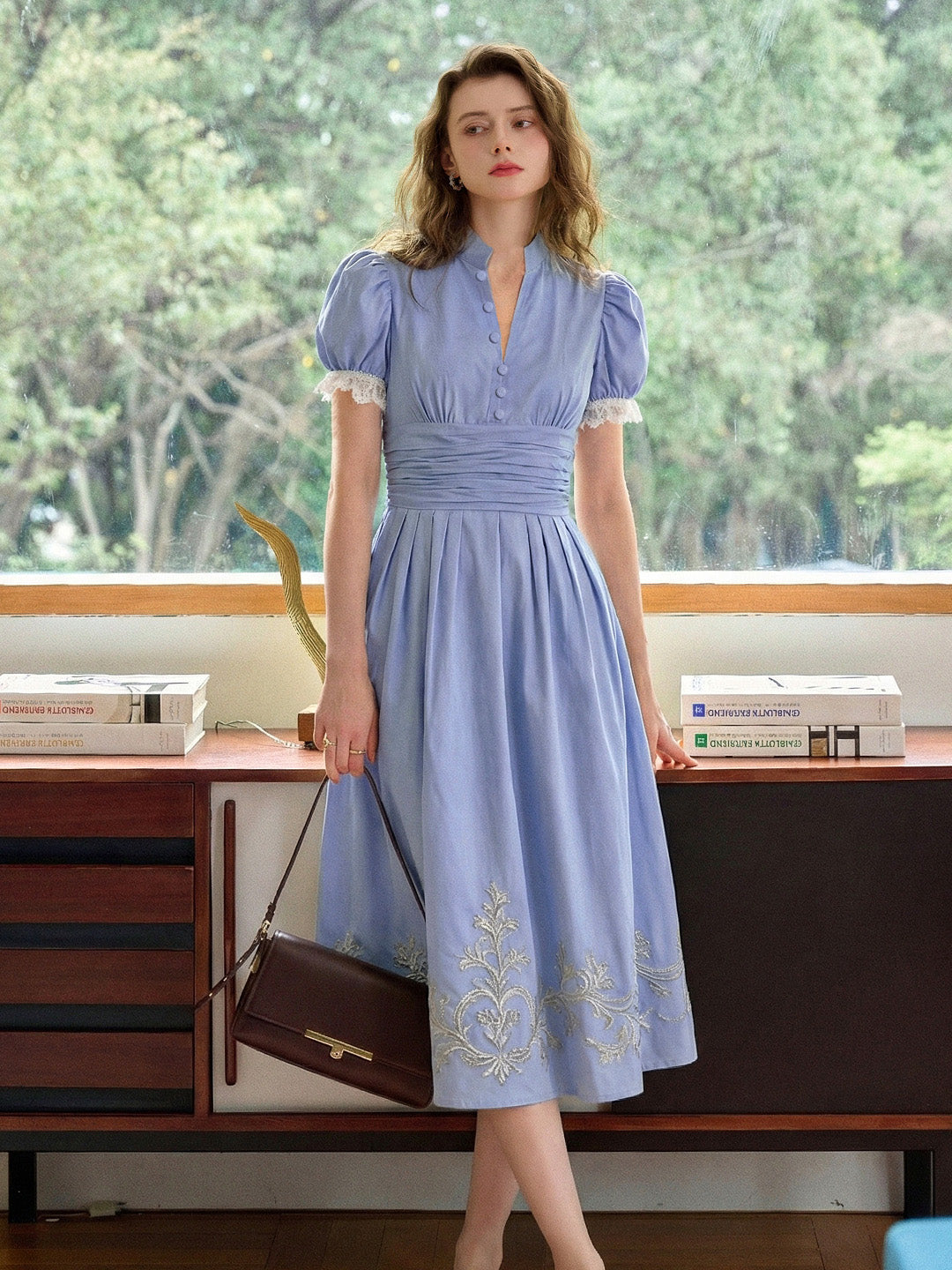 Ocean V-Neck Puff Sleeves 100% Cotton Dress