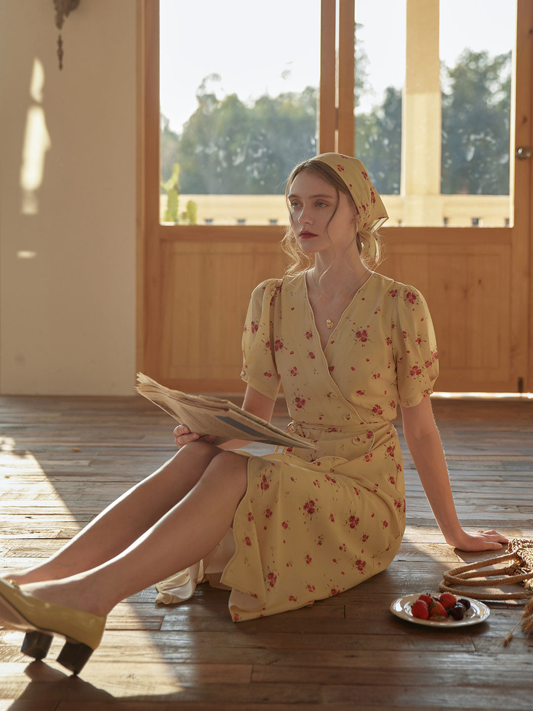 Kimura Floral-Print Midi Dress Yellow