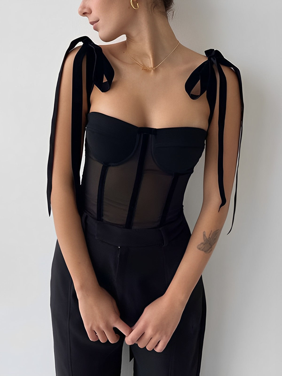 Sheer Mesh Tie-Front Crop Top – Light Support
