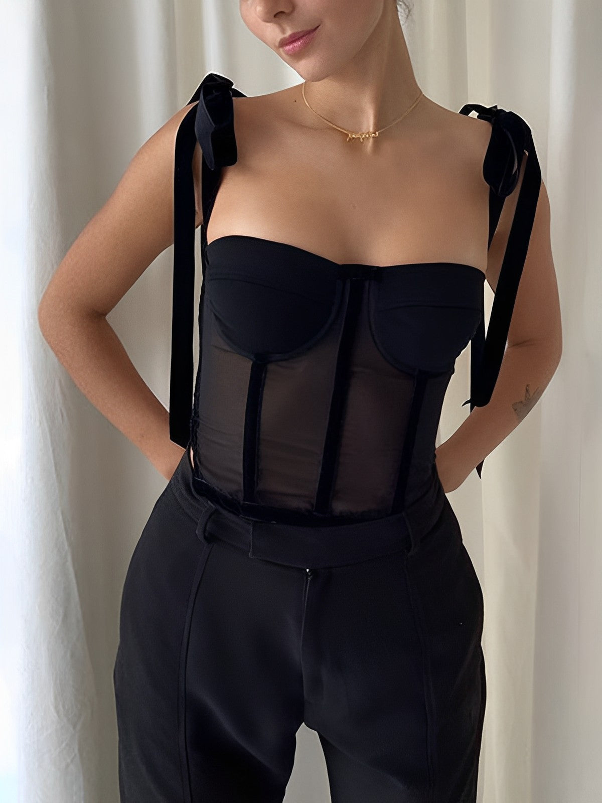 Sheer Mesh Tie-Front Crop Top – Light Support