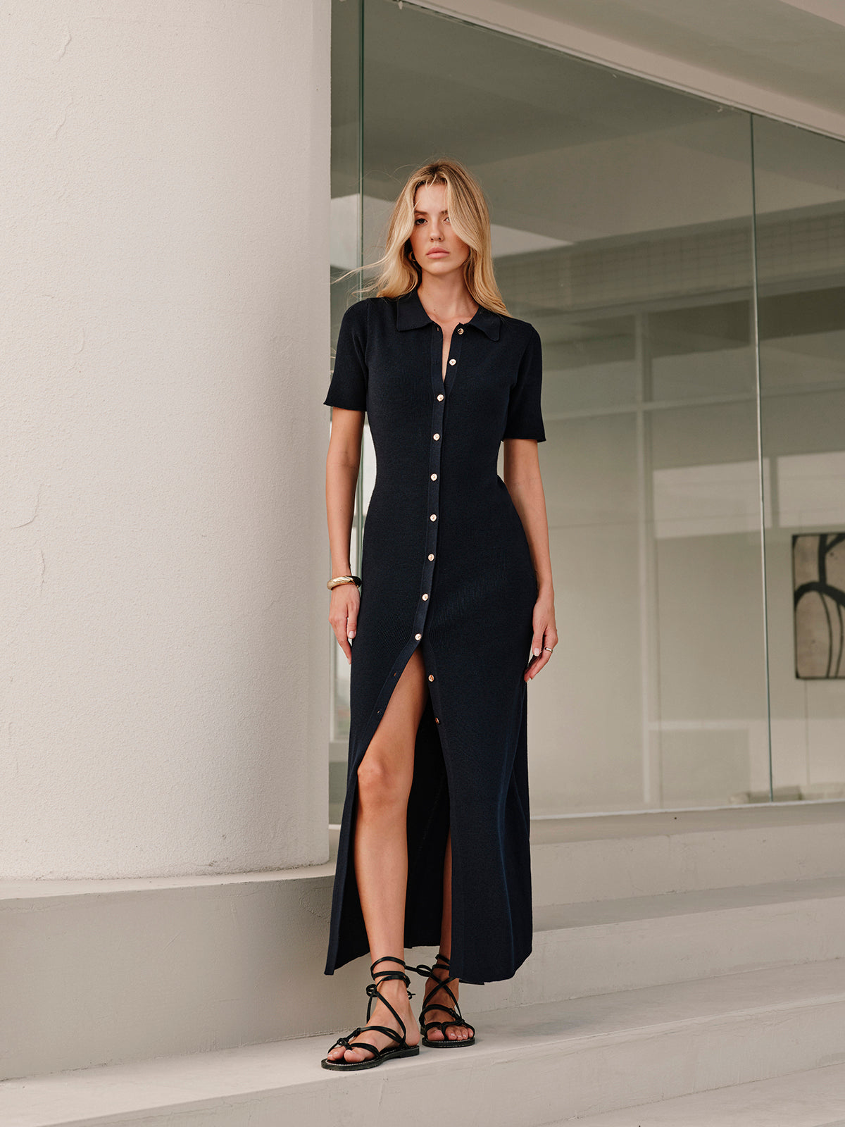 Metal Button Collar Midi Dress in Premium Fabric