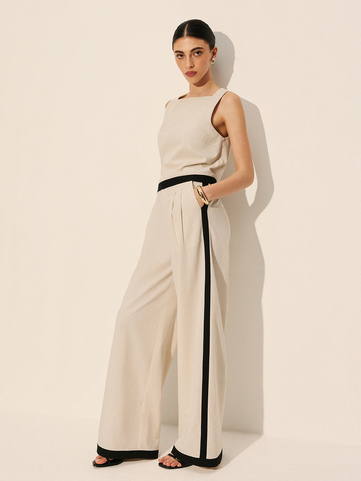 Linen & Cotton Zipper Contrast Binding Pants Set