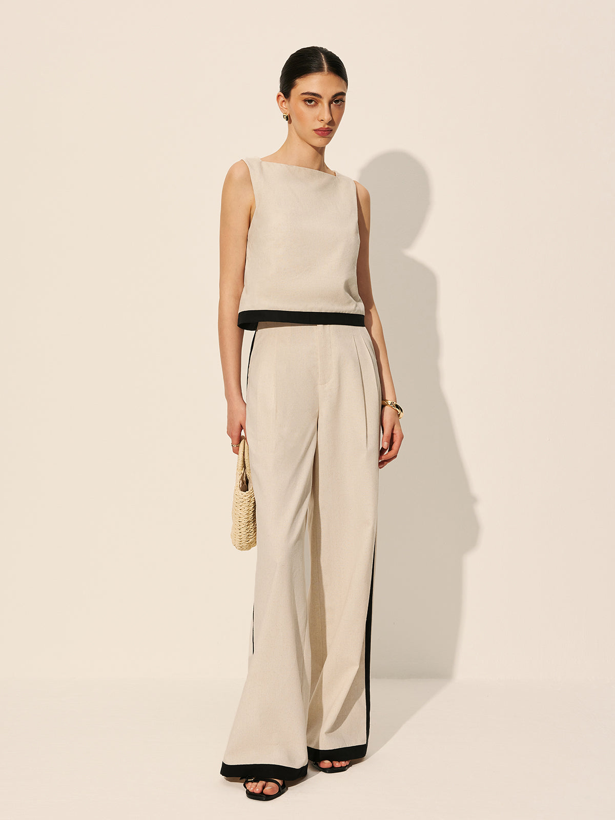 Linen & Cotton Zipper Contrast Binding Pants Set