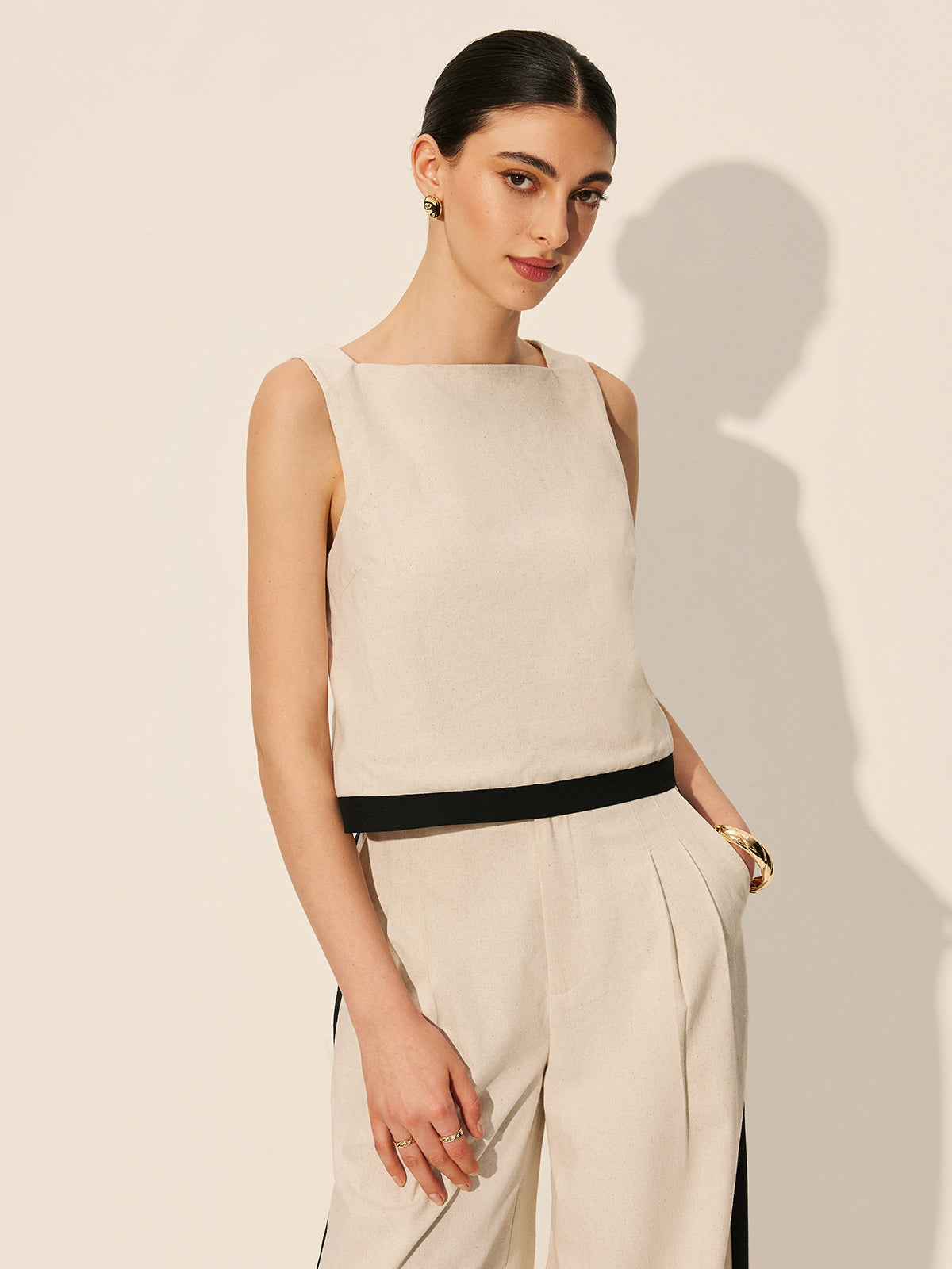 Linen & Cotton Zipper Contrast Binding Pants Set