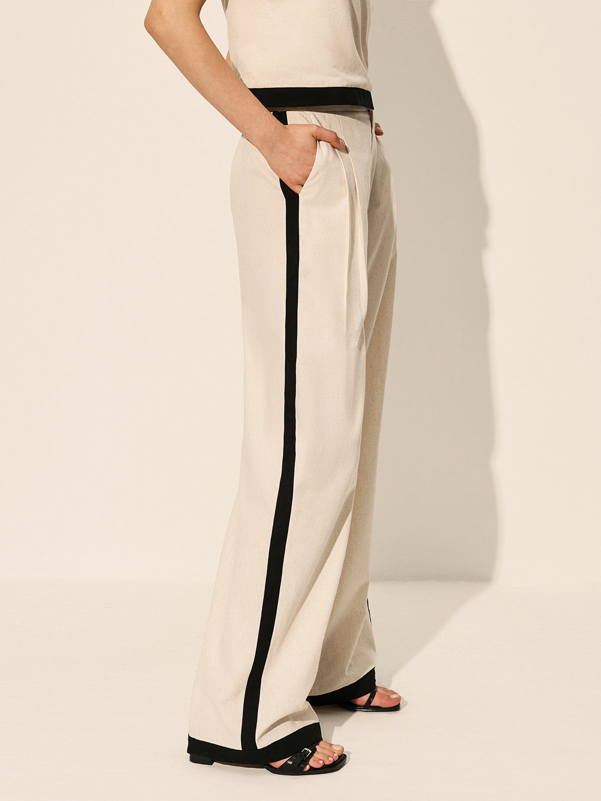 Linen & Cotton Zipper Contrast Binding Pants Set