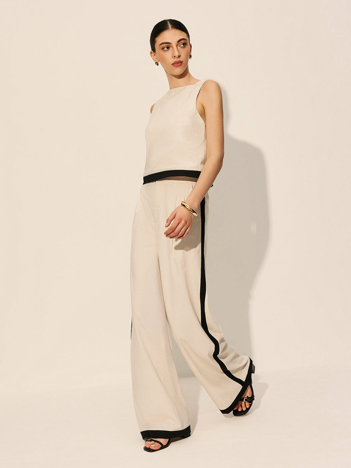 Linen & Cotton Zipper Contrast Binding Pants Set
