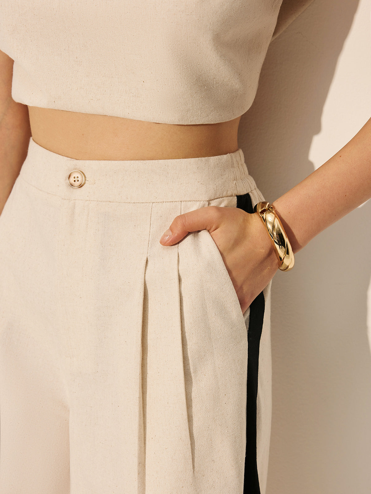 Linen & Cotton Zipper Contrast Binding Pants Set