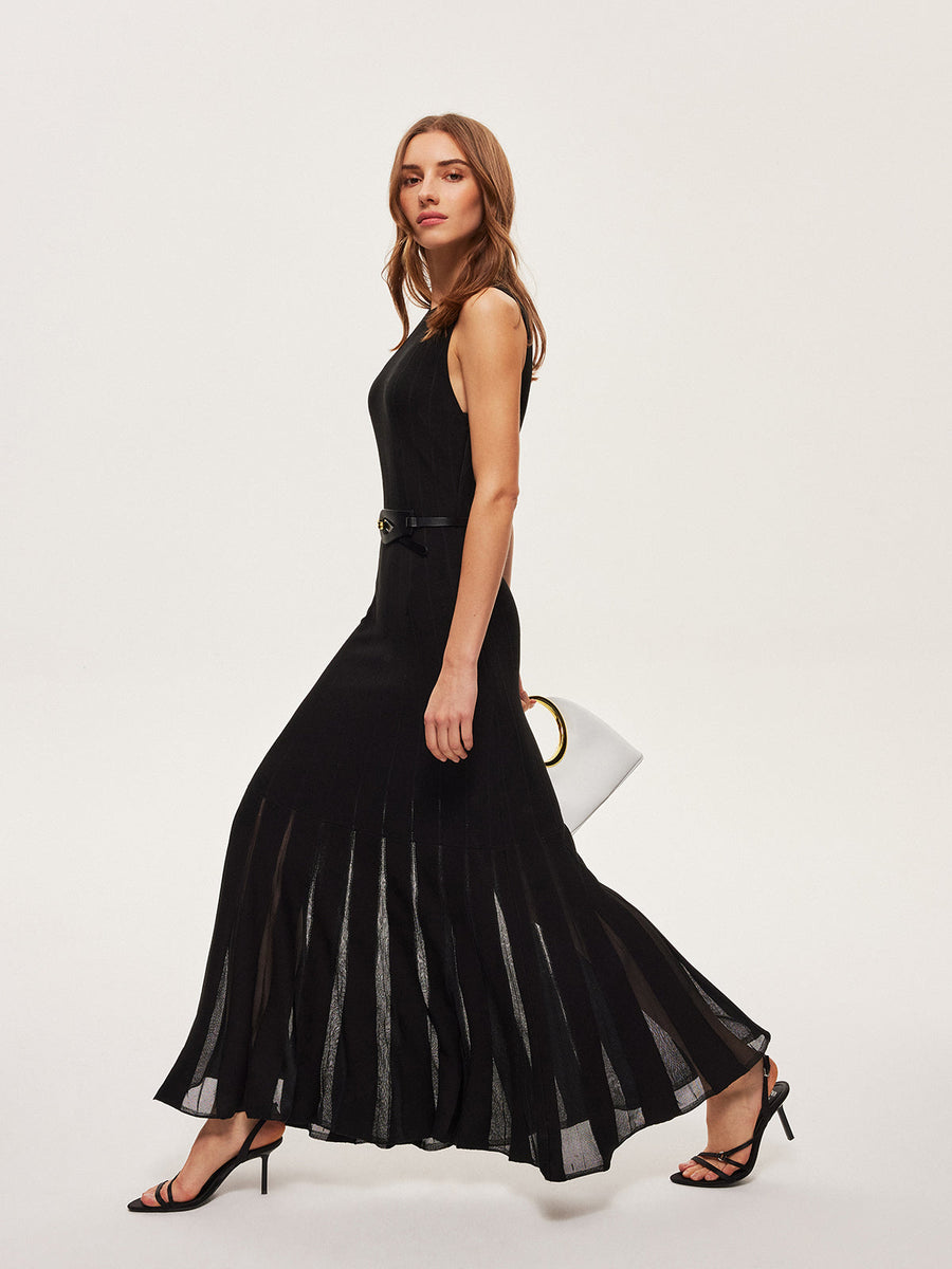 Semi-Sheer Mesh Flared Dress Without Belt