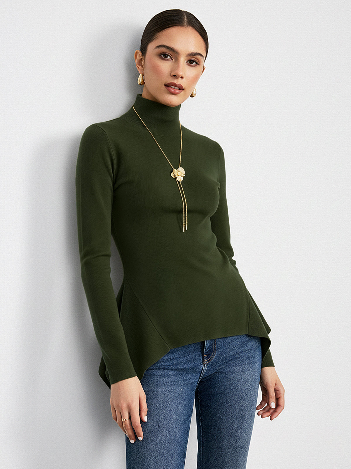 Turtleneck Asymmetric Peplum Sweater