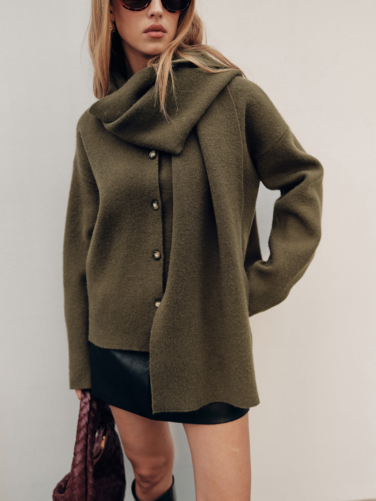 Button-Front Knit Cardigan with Scarf Detail