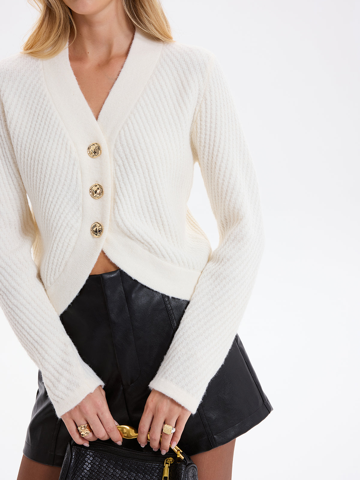 Curved Hem Knit Cardigan with Metal Buttons
