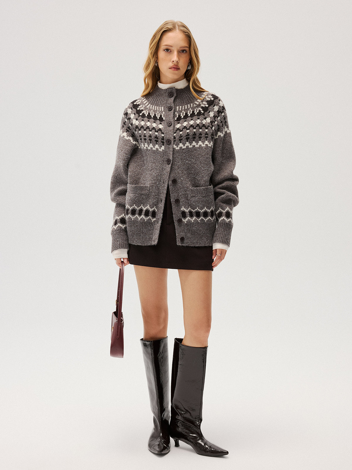 Loose Fair Isle Knit Button Front Cardigan
