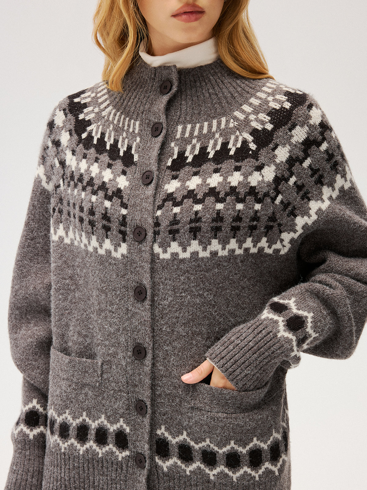 Loose Fair Isle Knit Button Front Cardigan