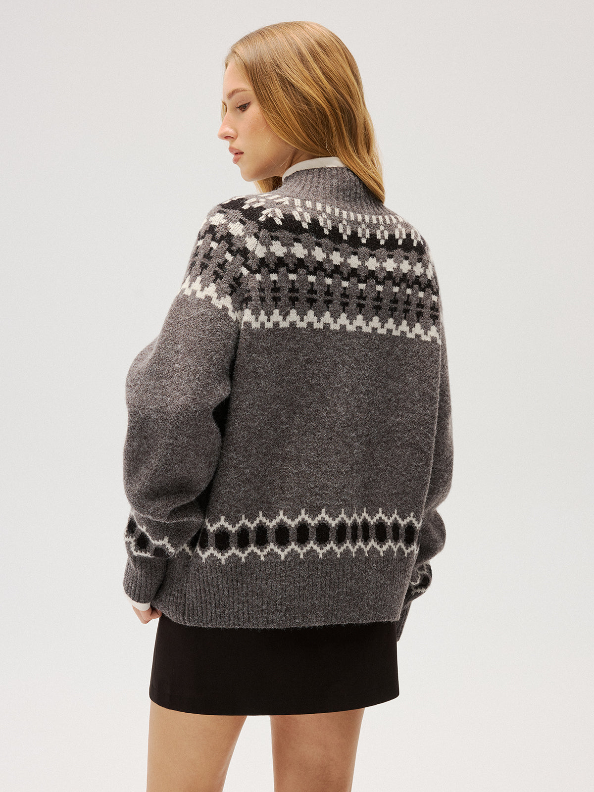 Loose Fair Isle Knit Button Front Cardigan